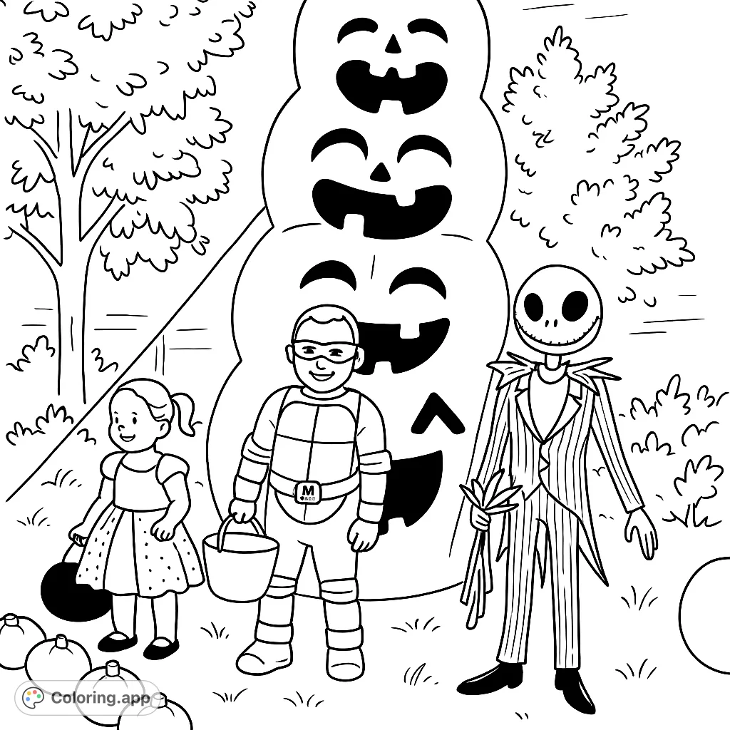A delightful Halloween scene featuring three costumed children and a towering pumpkin stack. Perfect for festive coloring fun!