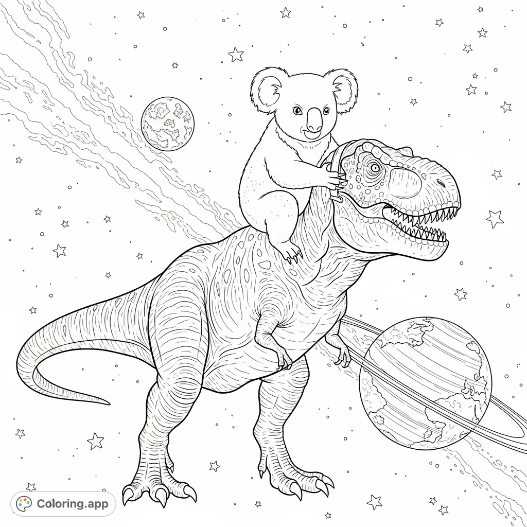 A whimsical scene featuring a koala bravely riding a mighty T-Rex through the cosmos, with a distant planet and stars in the background. A fun, adventurous coloring page.