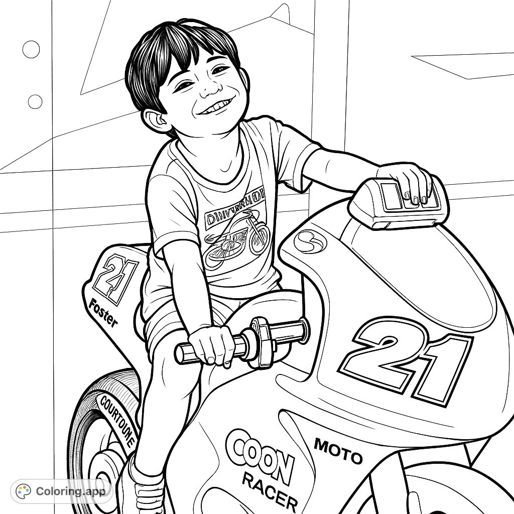 A cheerful boy on a toy motorcycle, ready for a fun ride. This exciting coloring page features a smiling child and a detailed bike, perfect for young adventurers.