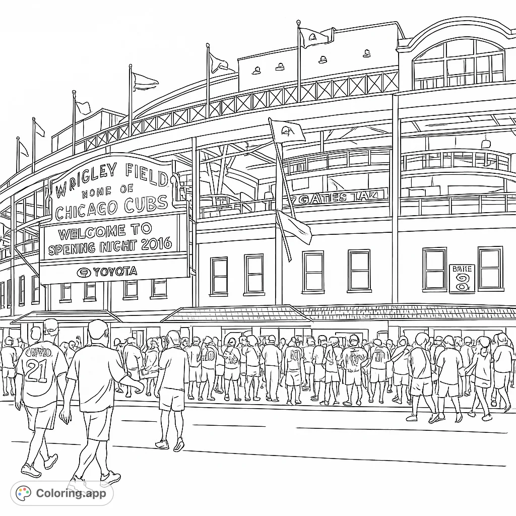 Immerse yourself in the iconic Wrigley Field stadium, capturing the lively atmosphere of a game day with a detailed facade and bustling crowd.