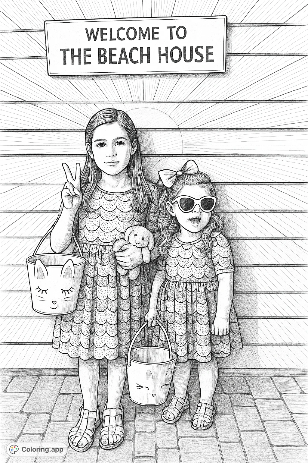 Two cheerful girls pose at a beach house, ready for fun with their unicorn buckets. A delightful scene for a relaxing coloring experience.