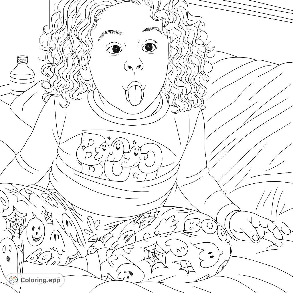 A delightful coloring page featuring a playful child in detailed Halloween pajamas, making a funny face. Perfect for spooky season fun!