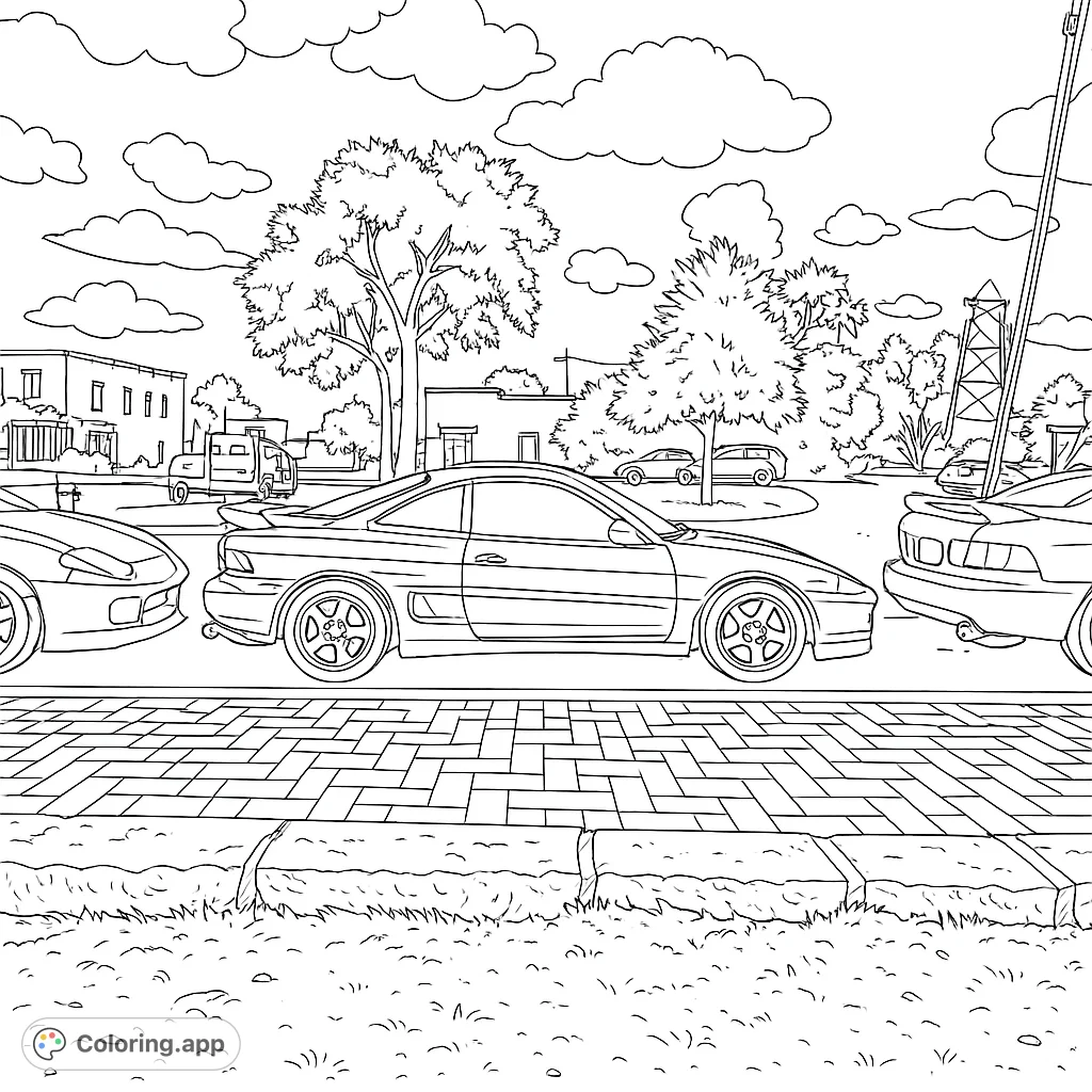 Color a dynamic street scene featuring three detailed sports cars, urban buildings, and a cloudy sky. Perfect for car enthusiasts!