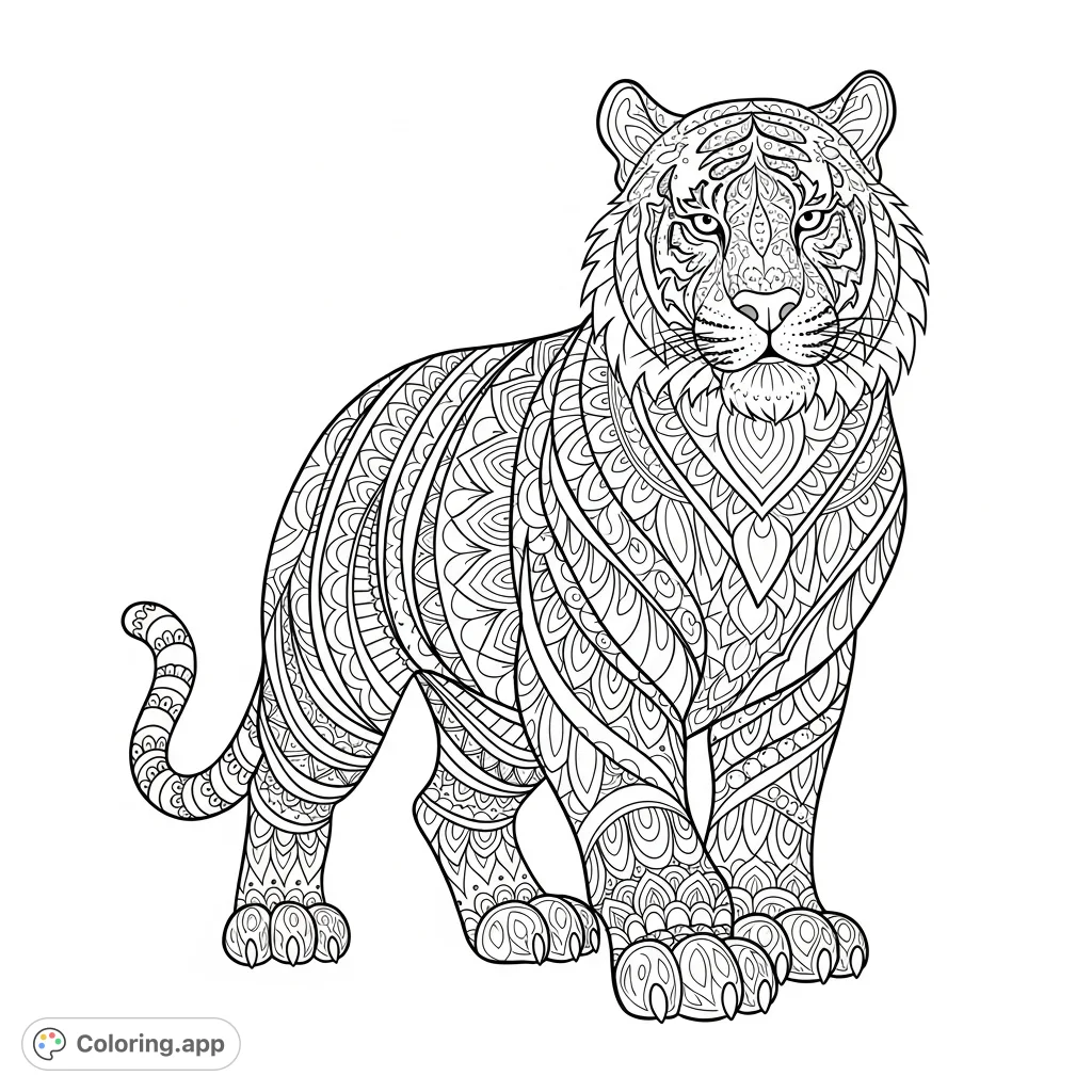 An intricate mandala tiger coloring page, featuring a majestic tiger composed of detailed geometric and floral patterns. Perfect for mindful coloring and creative expression.