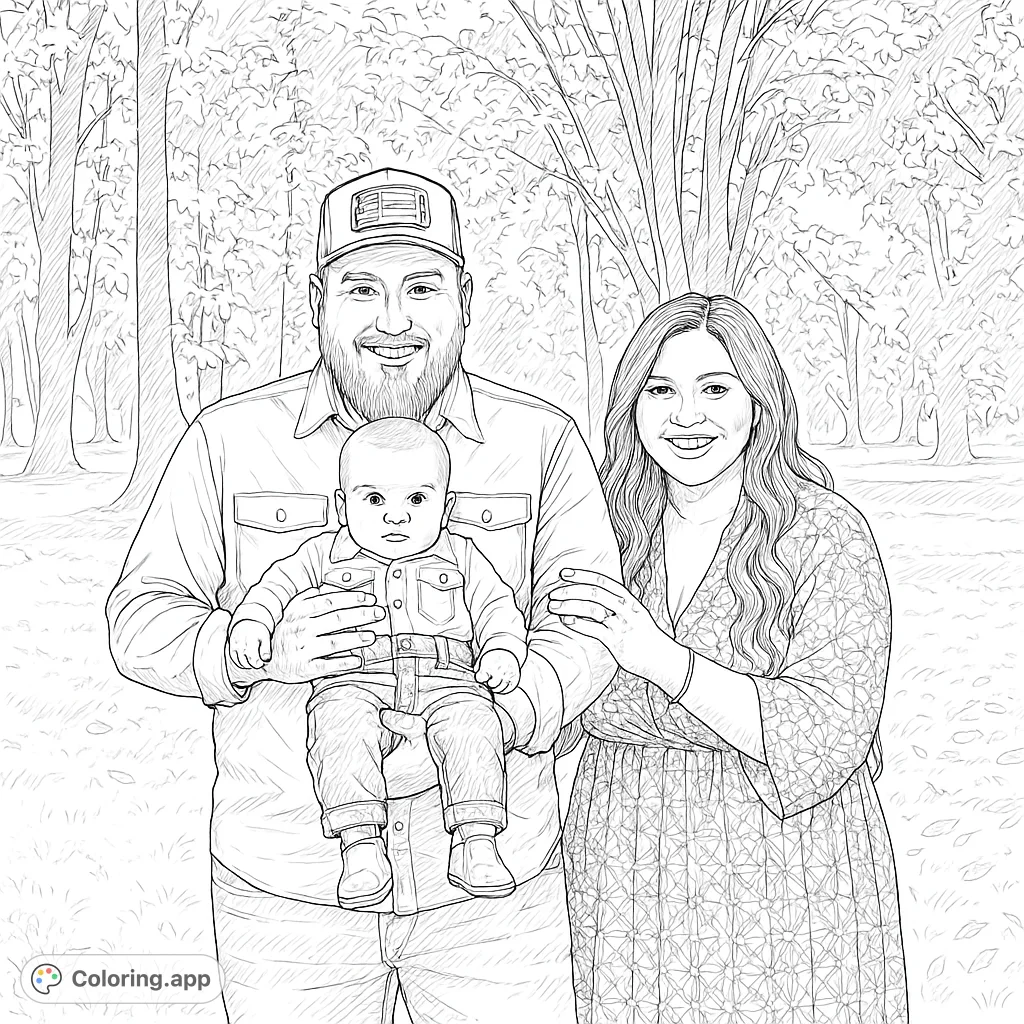 A heartwarming family portrait featuring a couple and their baby in a serene outdoor setting, perfect for a realistic family coloring page.