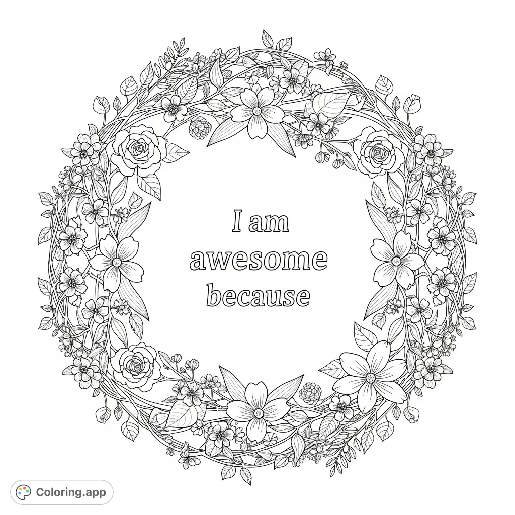 A beautiful circular border of intricate vines and blooming flowers surrounds the empowering phrase 'I am awesome because'. Perfect for self-affirmation.