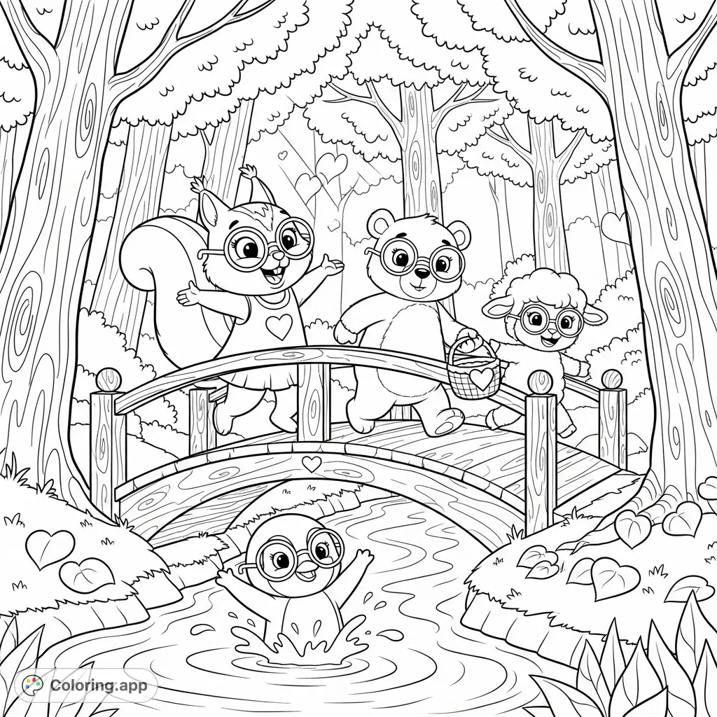 Join Sunny the Squirrel, Benny the Bear, Lola the Lamb, and Pip the Penguin on a delightful forest adventure across a charming wooden bridge over a gentle stream.
