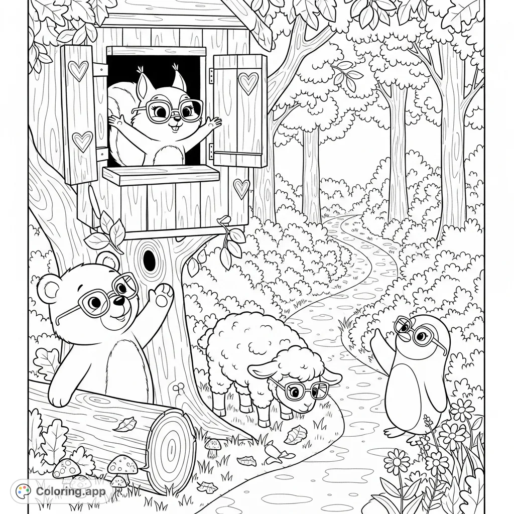A charming forest scene featuring Sunny the Squirrel, Lola the Lamb, Benny the Bear, and Pip the Penguin enjoying a peaceful morning amidst wildflowers and fallen leaves.