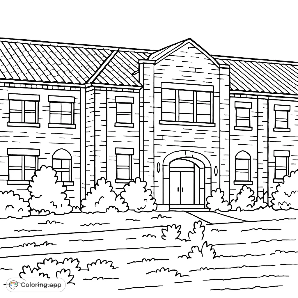 Explore an old, mysterious building with a tiled roof, arched entrance, and many windows. A historic architecture coloring page.