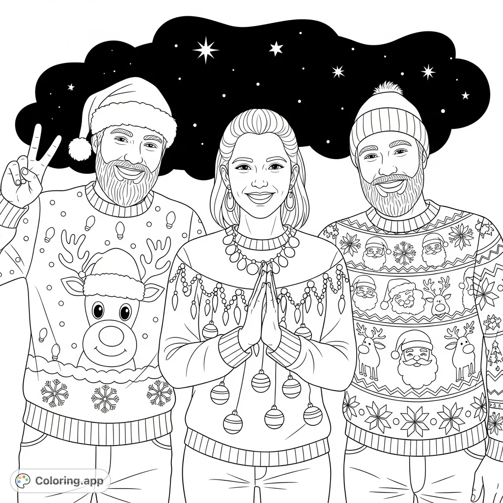 A delightful festive gathering coloring page featuring three smiling individuals in highly detailed holiday sweaters, perfect for celebrating the season.