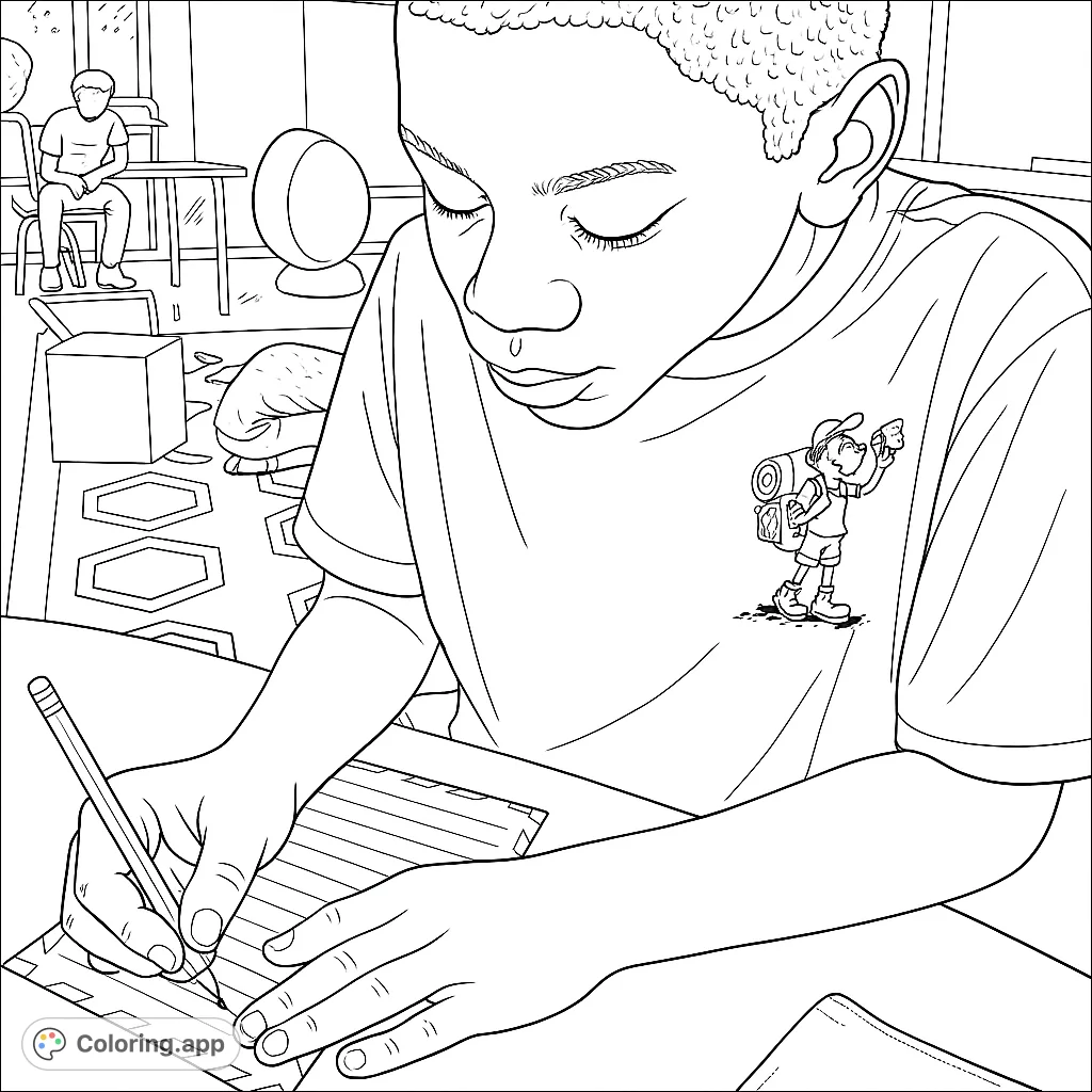 A young student intently writes at a desk, pencil in hand, with a unique graphic on their shirt. Perfect for school-themed coloring.
