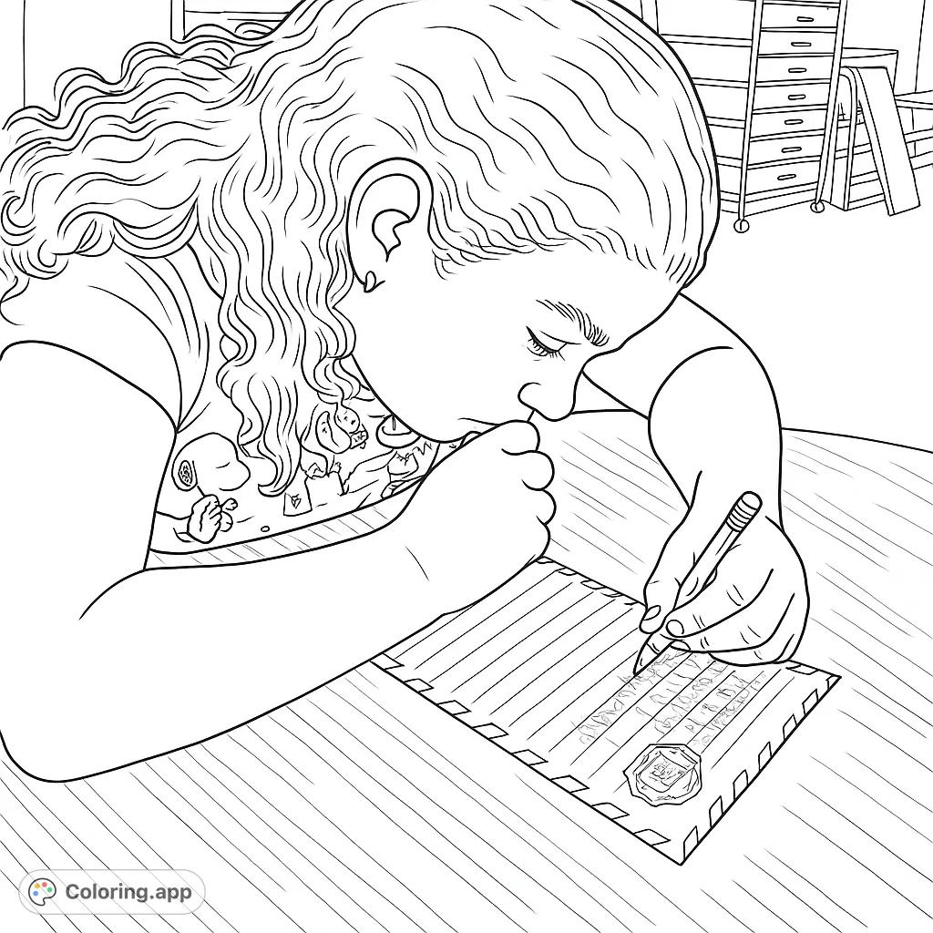 A young person focused on writing a letter at a desk, with a classroom background. Perfect for inspiring creativity and learning.