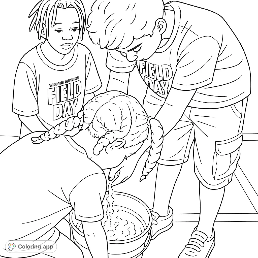 Capture the joy of outdoor water play with this fun coloring page featuring children engaged in a lively water activity. Perfect for summer fun!