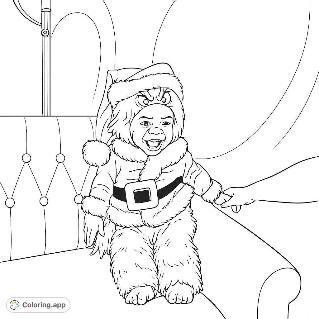 A delightful baby in a furry holiday costume, complete with a character hat and Santa-style jacket, sitting on a tufted couch and smiling. Perfect for festive coloring fun!