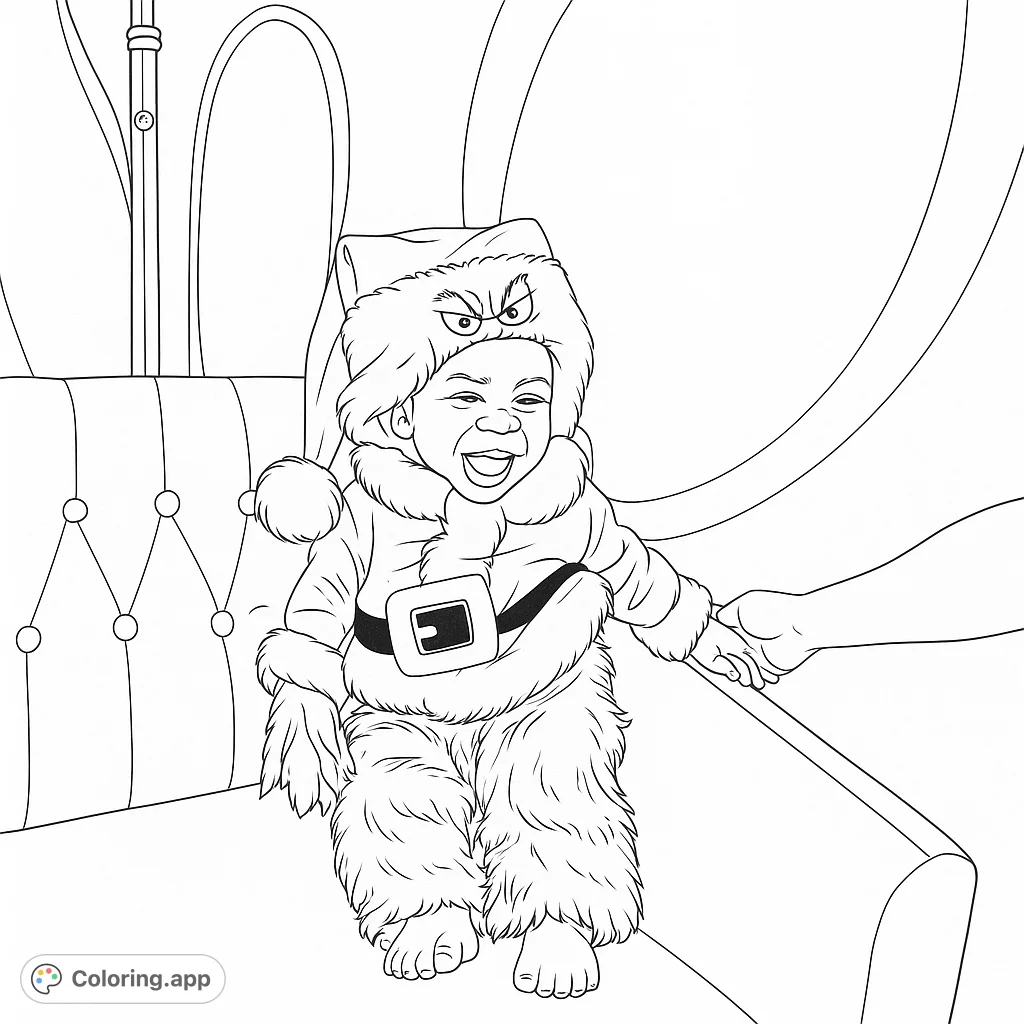 A delightful baby in a whimsical character costume, complete with a furry suit and festive hat, sitting on a plush couch. Perfect for holiday cheer!