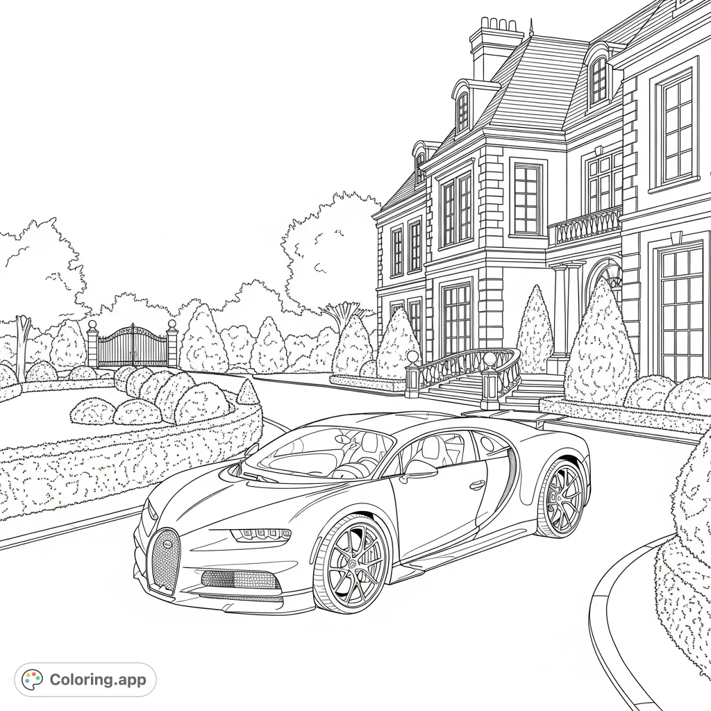 Experience luxury with this Bugatti Chiron coloring page, featuring the iconic supercar parked before a magnificent mansion amidst manicured grounds.
