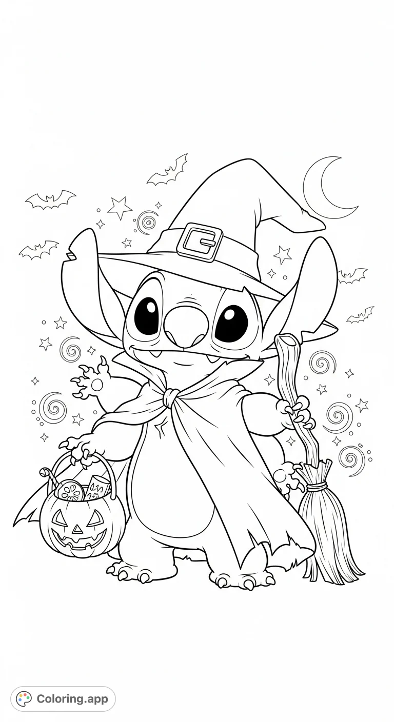 Join Stitch in his whimsical witch costume, complete with a pumpkin bucket and broomstick, surrounded by magical swirls and spooky bats. A fun Halloween coloring page!