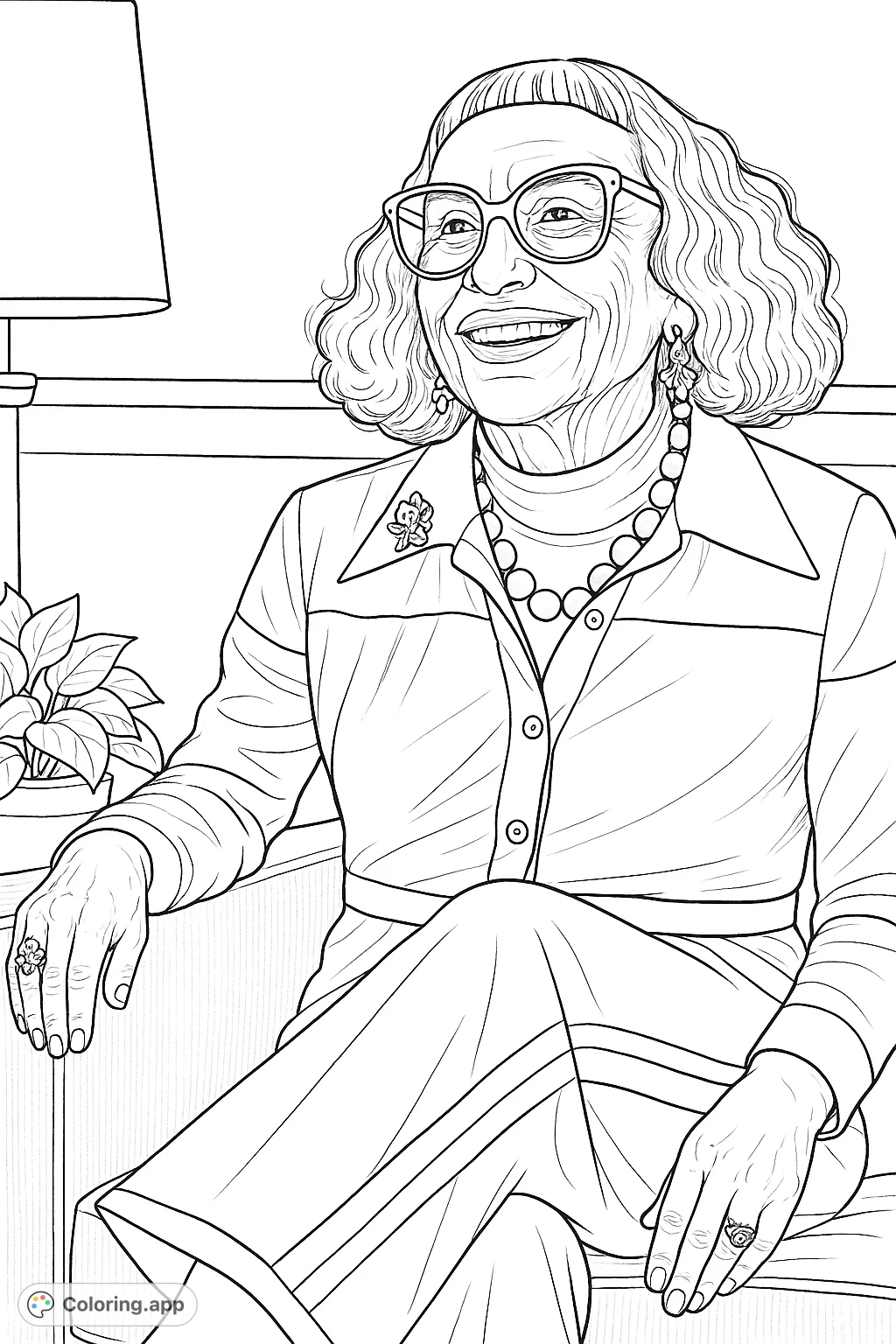 Capture the vibrant spirit of an elegant woman in a stylish retro outfit, complete with unique accessories and a joyful expression. A detailed coloring challenge.