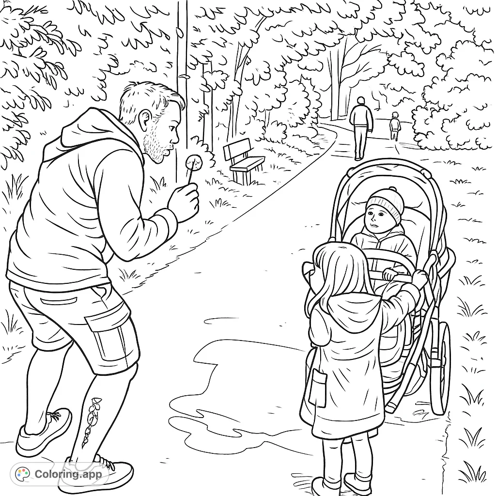 A heartwarming scene of a family enjoying a park stroll, with a father blowing a dandelion for his children. Perfect for a relaxing coloring session.