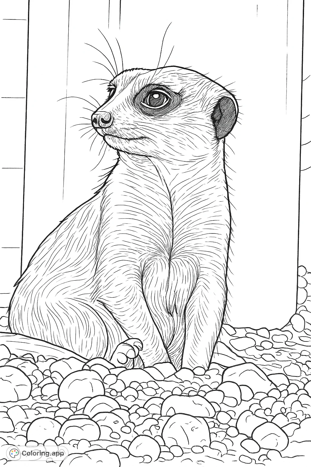 A charming meerkat sits alertly on a rocky terrain, observing its surroundings. Perfect for animal lovers to color and bring to life.