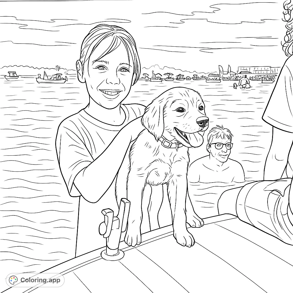 A joyful boy holds his adorable puppy in the water next to a boat, surrounded by a lively scene. Perfect for a fun, heartwarming coloring experience.