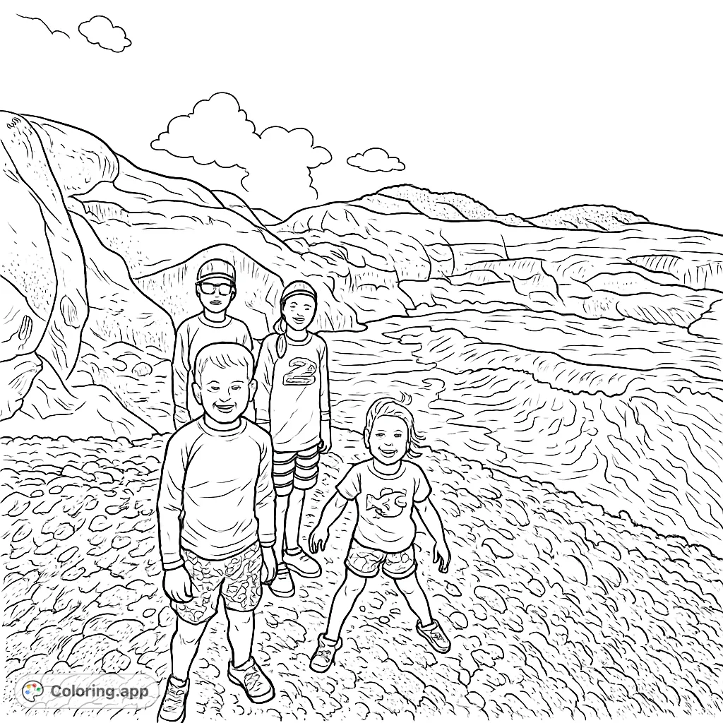 Explore a vibrant coastal scene with four adventurous kids on rocky shores, crashing waves, and majestic cliffs. A fun nature-themed coloring page!