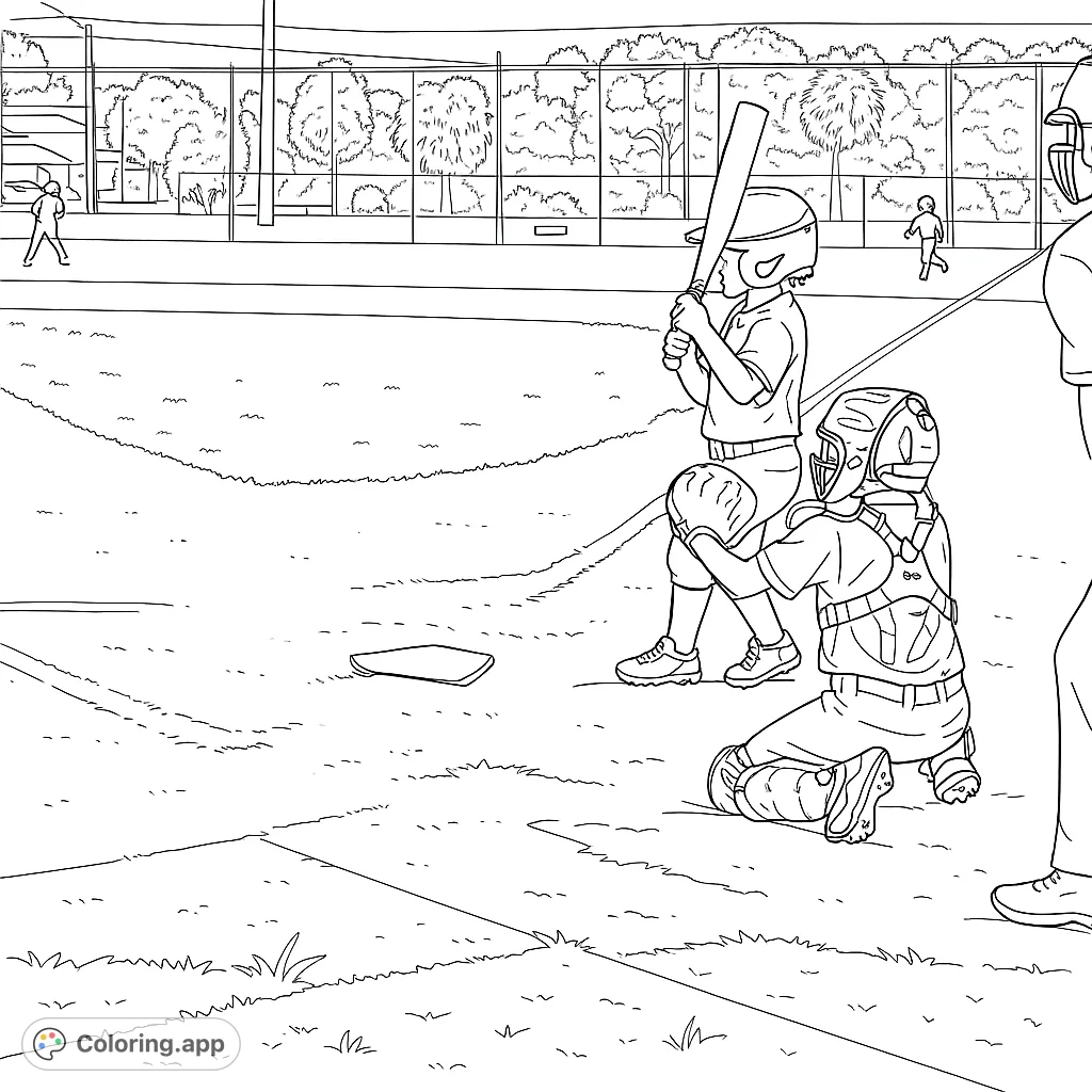 A dynamic youth baseball scene featuring a batter at home plate and a catcher ready for action. Perfect for sports fans and aspiring athletes.