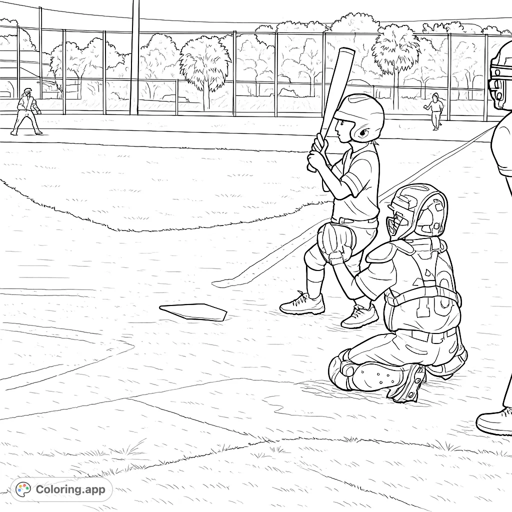 A dynamic youth baseball scene featuring a batter at home plate and a catcher ready for action. Perfect for sports fans and aspiring athletes.