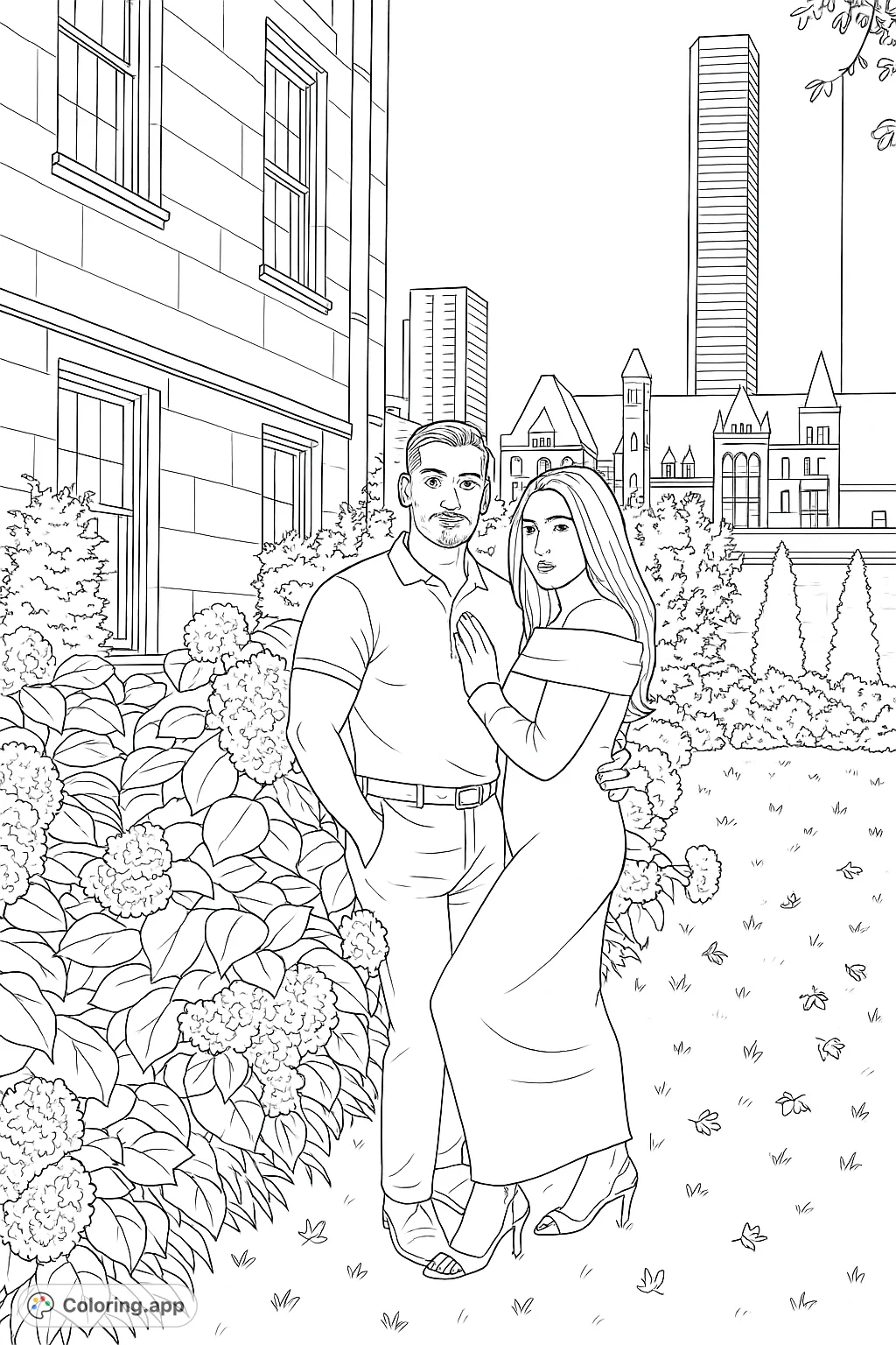 A romantic couple embraces in an urban garden, surrounded by lush foliage and city architecture. A detailed coloring page for adults.