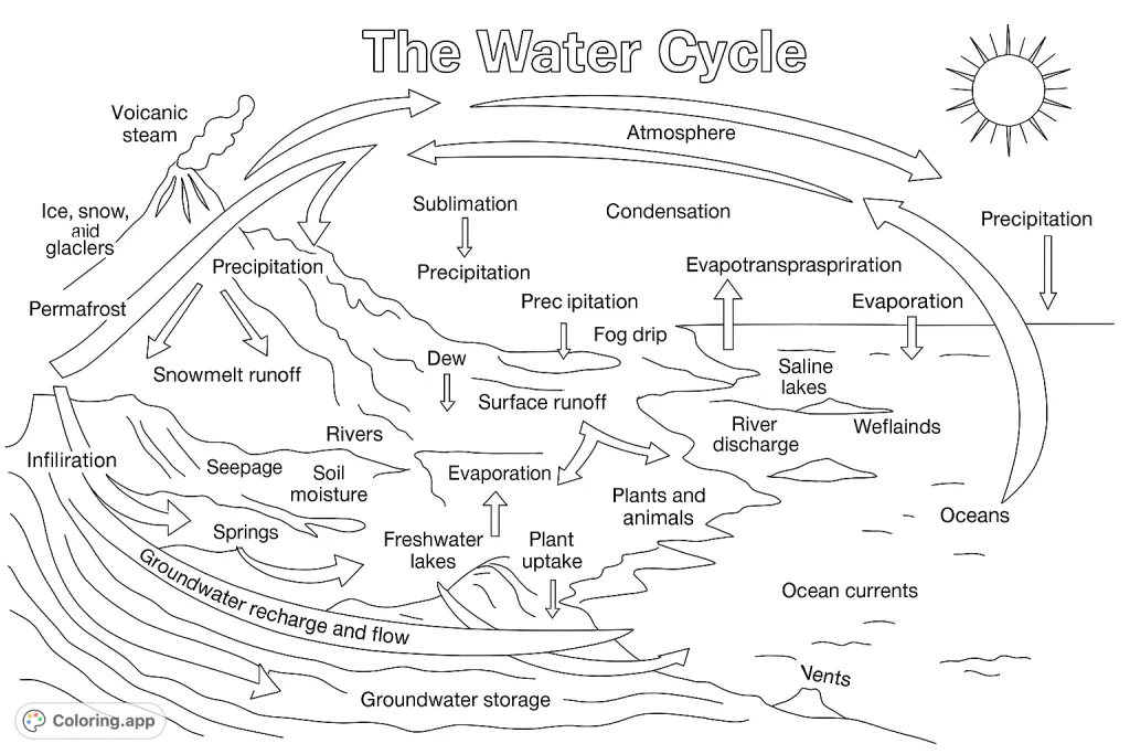 Explore the Earth's water cycle with this detailed diagram coloring page. Learn about evaporation, precipitation, and groundwater flow.