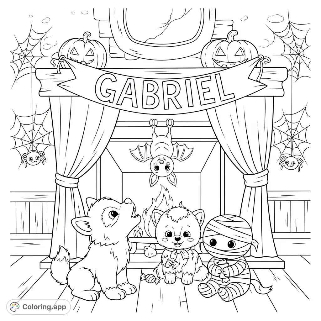 A charming Halloween scene with a fluffy werewolf, tiny vampire bat, and sweet mummy in a whimsical haunted house, featuring a 'Gabriel' banner.