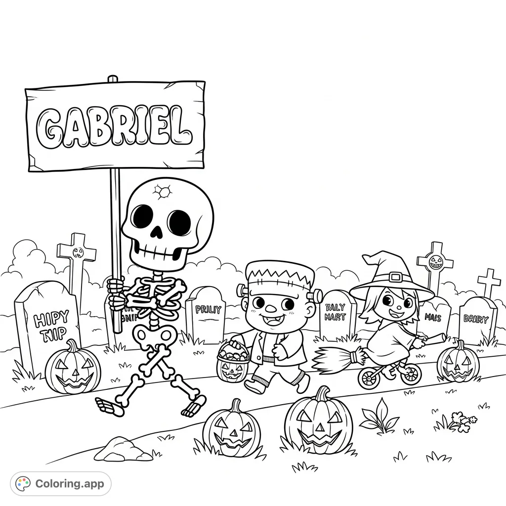 Join a whimsical Halloween creature parade through a graveyard! Featuring a friendly skeleton, grinning Frankenstein, and a witch's apprentice.