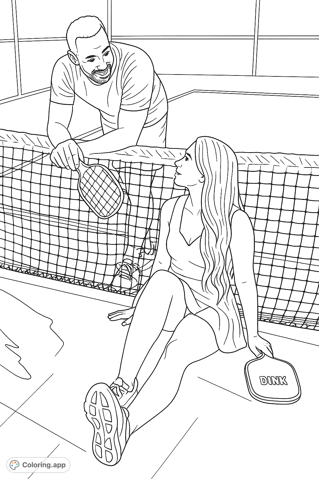 Capture a joyful pickleball court moment with two players. Perfect for sports enthusiasts and those who love active, friendly scenes.