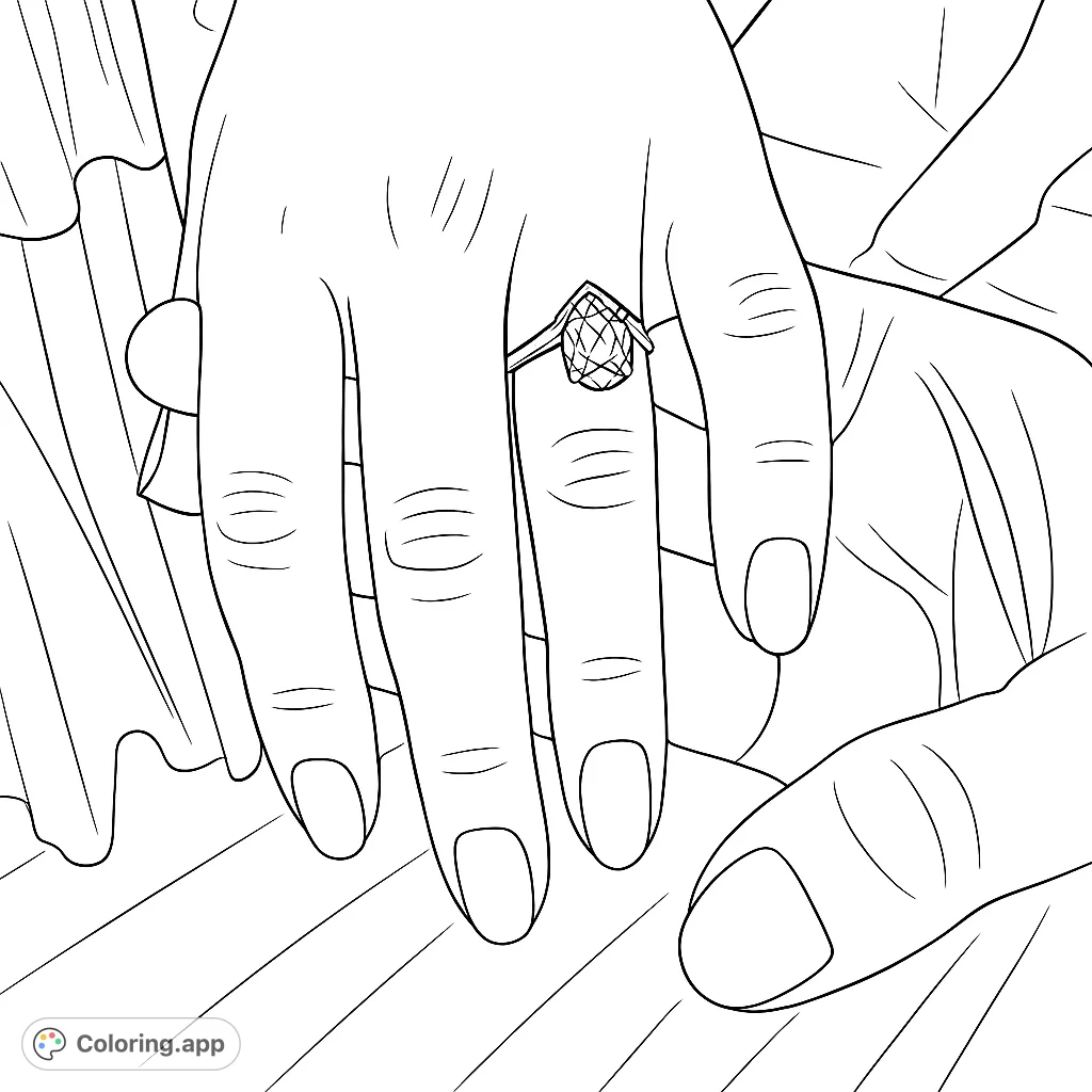 A detailed coloring page featuring a hand adorned with an elegant oval engagement ring, held gently by another hand. Perfect for celebrating special moments.