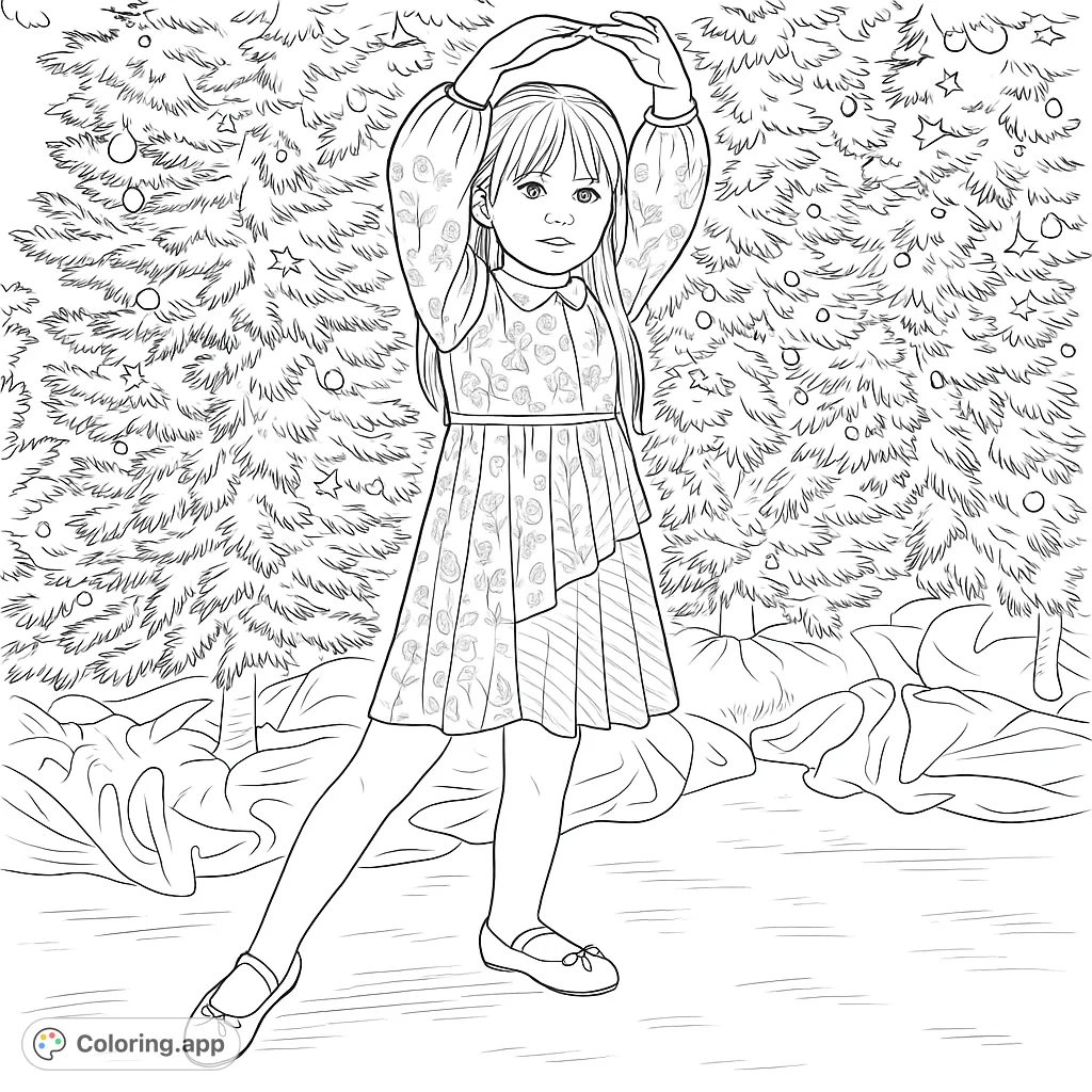 A charming coloring page featuring a young girl in a patterned dress, striking a pose in front of beautifully illuminated evergreen trees. Perfect for holiday creativity.