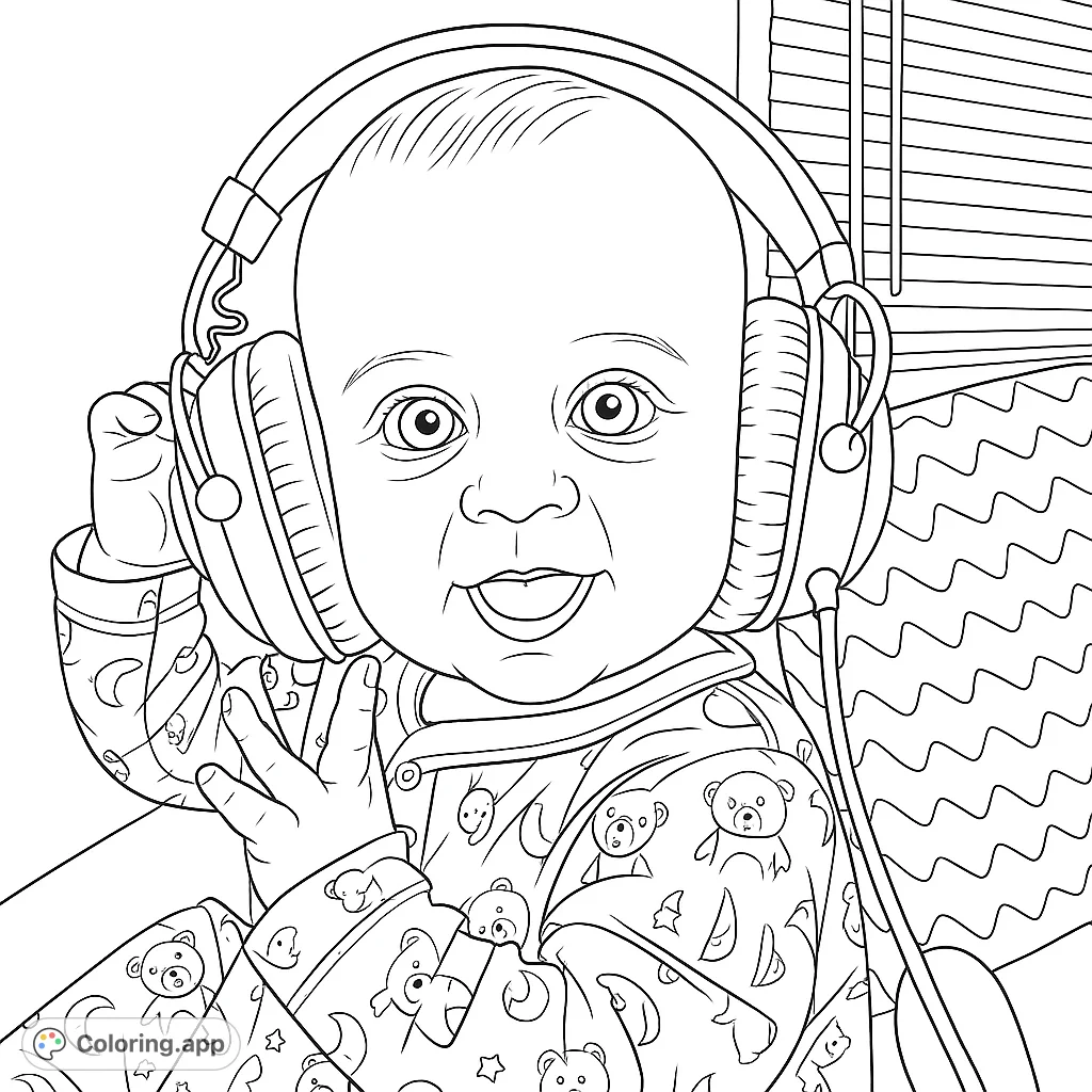 An adorable baby wearing oversized headphones, smiling playfully. A fun and engaging coloring page for all ages, perfect for a moment of joy.