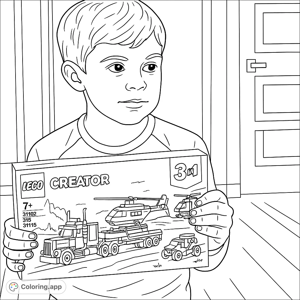 A young boy's excitement shines as he holds a new toy box featuring a truck and helicopter. A fun, engaging coloring page for kids to bring to life.