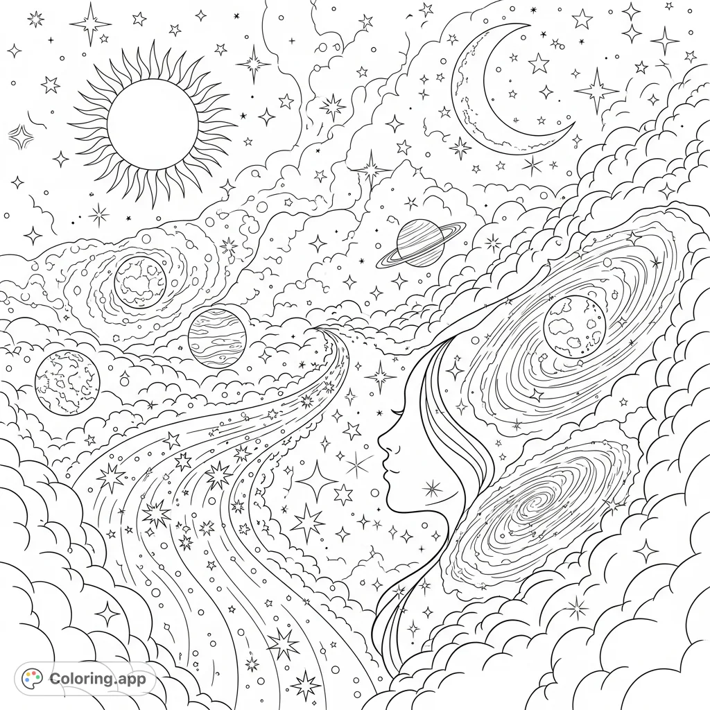 Explore a breathtaking cosmic panorama coloring page featuring a sun, crescent moon, glittering stars, swirling nebulae, and an ethereal divine feminine form.