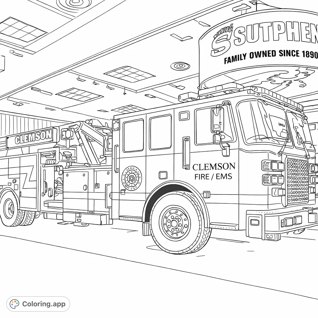 A highly detailed coloring page of a modern fire truck with intricate ladder equipment, shining chrome accents, and specialized compartments, ready for heroic action.