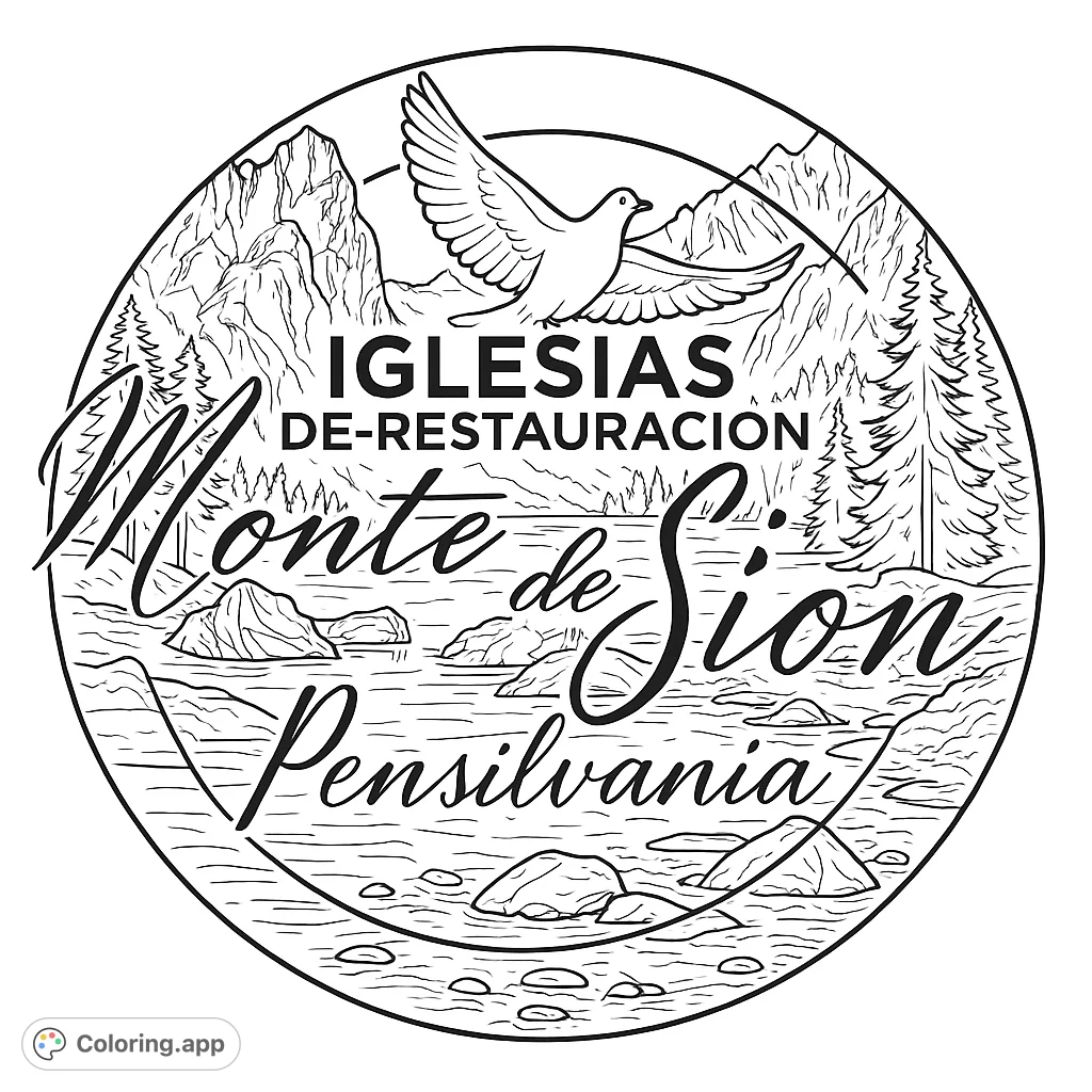 A serene mountain lake scene with a person, a dove, and a cross, all framed within a circular emblem. Perfect for peaceful coloring.