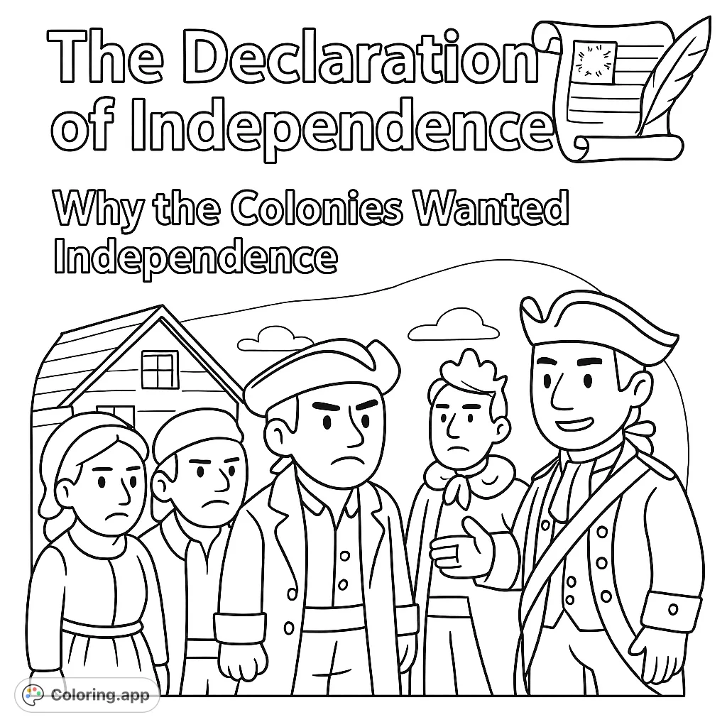 Explore a historical scene featuring colonial figures, a royal representative, and a military officer, with a scroll symbolizing independence. Perfect for history enthusiasts.
