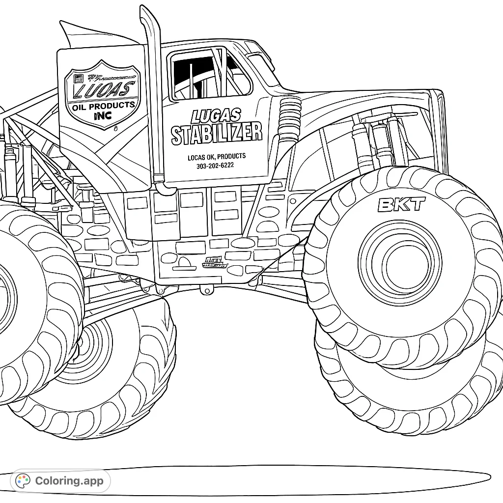 Unleash your creativity with this powerful monster truck coloring page! Featuring massive tires, a detailed chassis, and bold graphics, it's ready for your vibrant touch.