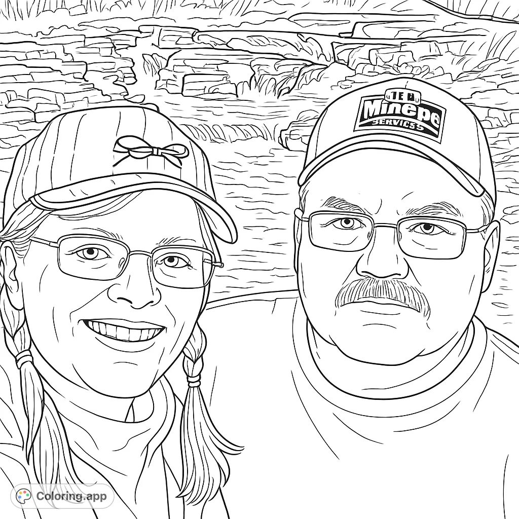 A cheerful couple poses for a selfie by a scenic waterfall, surrounded by natural rock formations and flowing water. A heartwarming nature scene.