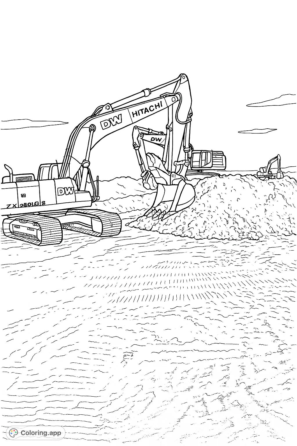 Explore a bustling construction site with powerful excavators digging and moving earth. A detailed heavy equipment coloring page for all ages.