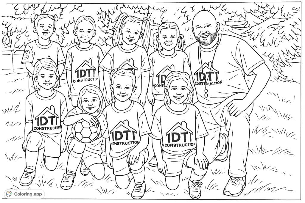A cheerful youth soccer team, including a coach and eight young players, poses for a group photo on the field, ready for a fun coloring adventure.
