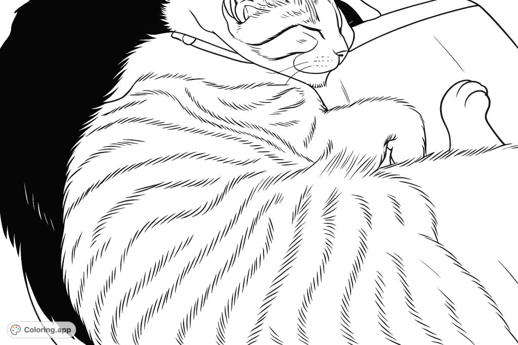 A serene cat sleeps soundly, showcasing its unique fur patterns and a cozy pose. A delightful free printable cat coloring page for all ages.