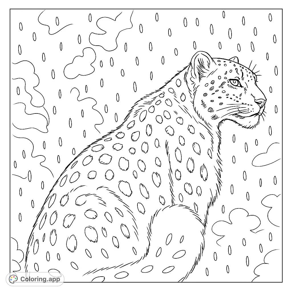 Discover a majestic snow leopard coloring page. Its intricate spotted coat and serene pose offer a captivating challenge for wildlife art enthusiasts.