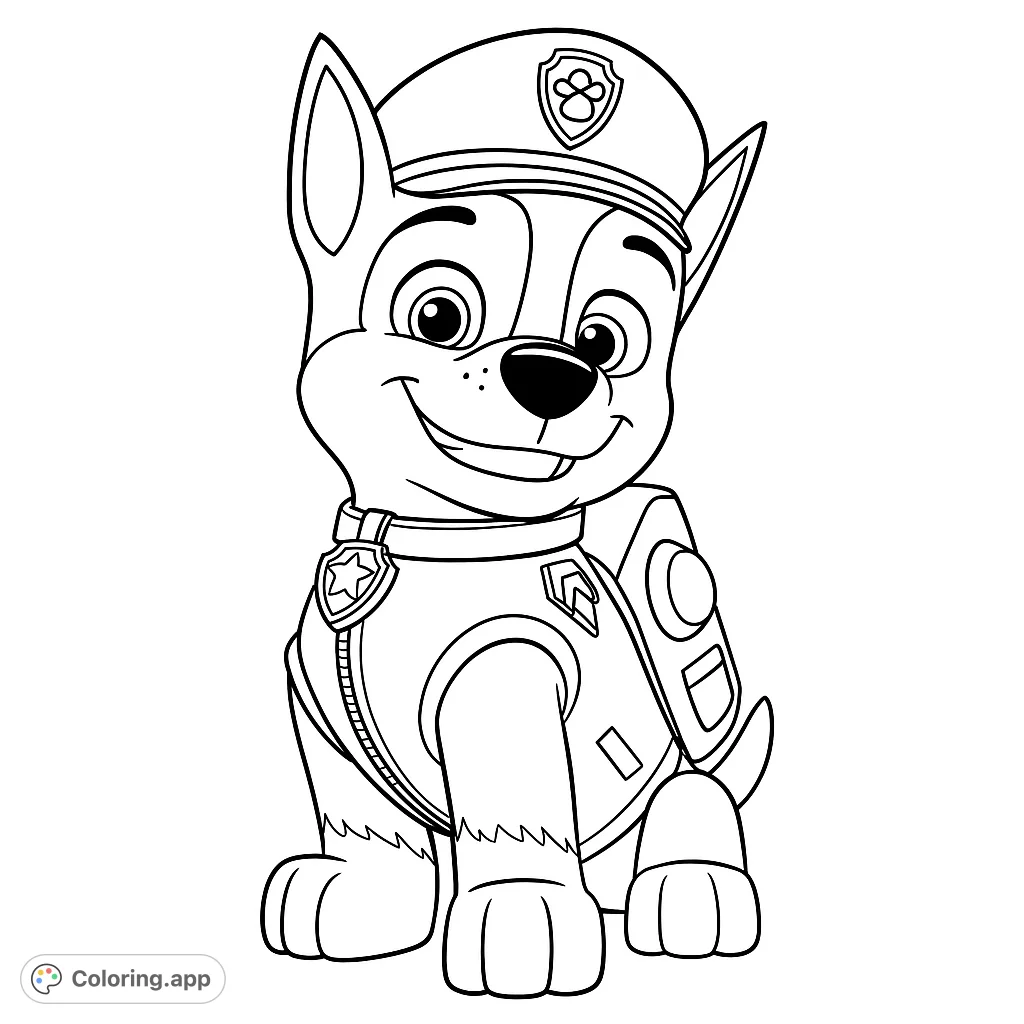 Join the adventure with this friendly police pup coloring page! Perfect for young fans to bring their favorite character to life with vibrant colors.
