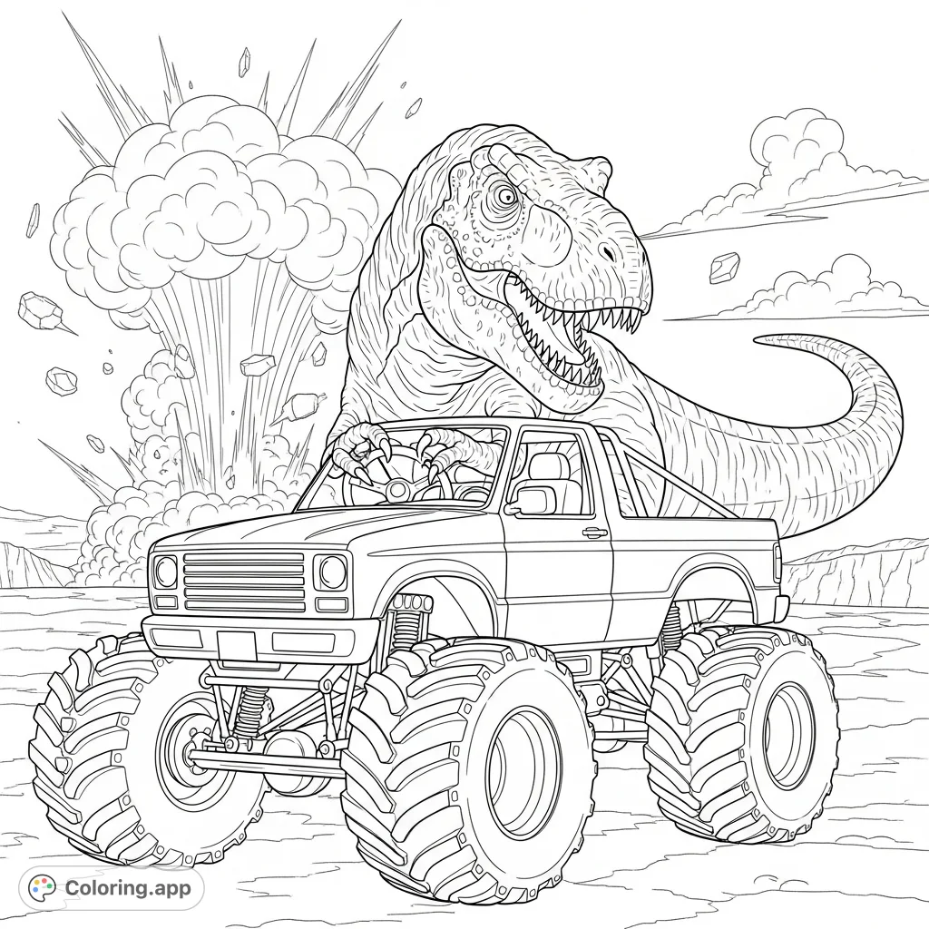 An action-packed dinosaur monster truck coloring page featuring a T-Rex driving a colossal truck with an explosion in the background. Perfect for adventure lovers!
