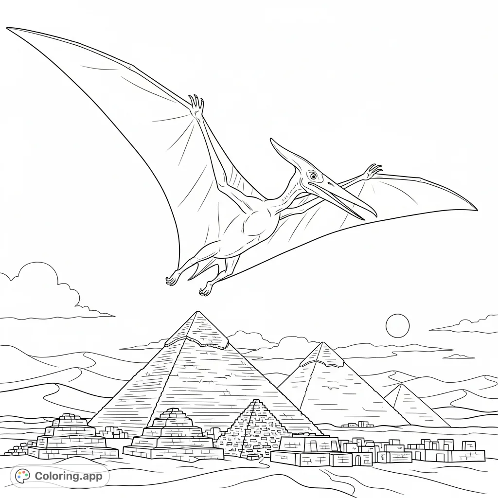 A magnificent pterodactyl flies above the ancient Great Pyramids of Giza, set against a vast desert landscape. A blend of prehistoric wonder and historical marvel.